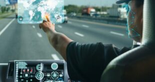 truck driver searching location on digital map.