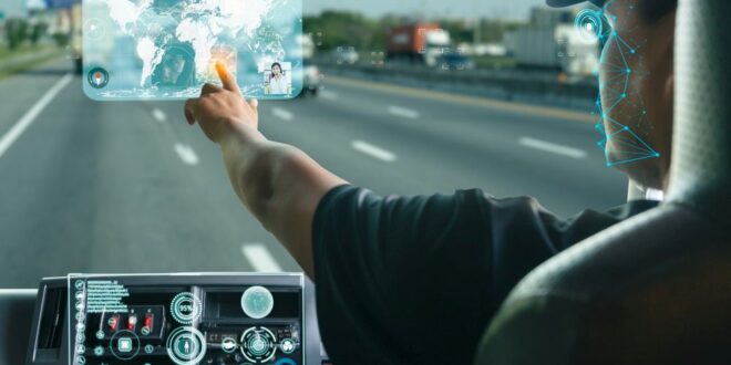 truck driver searching location on digital map.